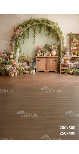 Tło fotograficzne „Wiosenna rustykalna wnęka z kwiatami i drewnianą komodą” | E683